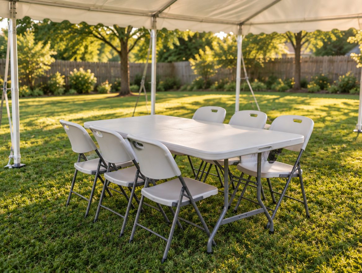 6 ft table set for 6 with white folding chairs under a party tent rental in Layton