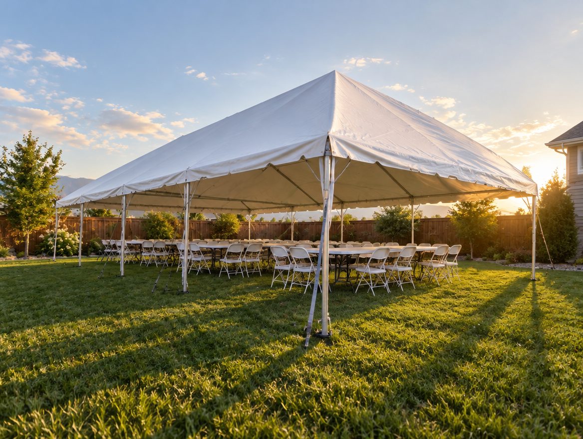 36x16 white party tent on grass in a Layton backyard, shot from a low corner