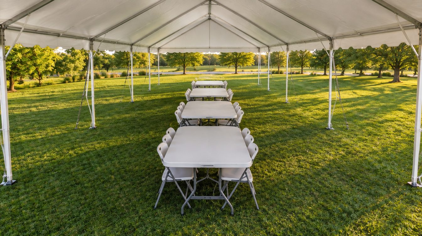 The Backyard Package set up: a 36x16 party tent over 5 tables and 30 white folding chairs